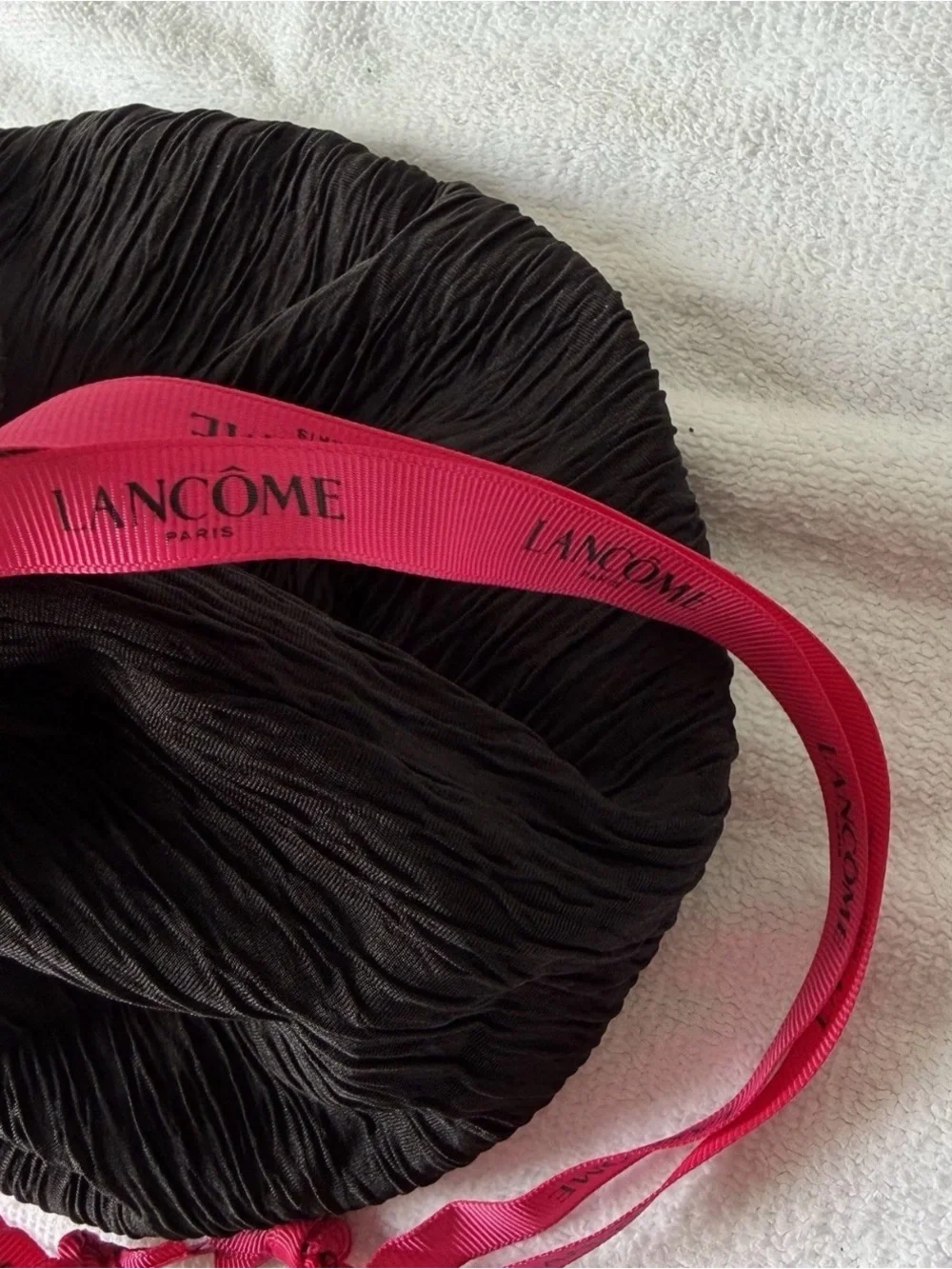 Lancome Black Drawstring Cosmetic Pouch with Pink Logo Straps